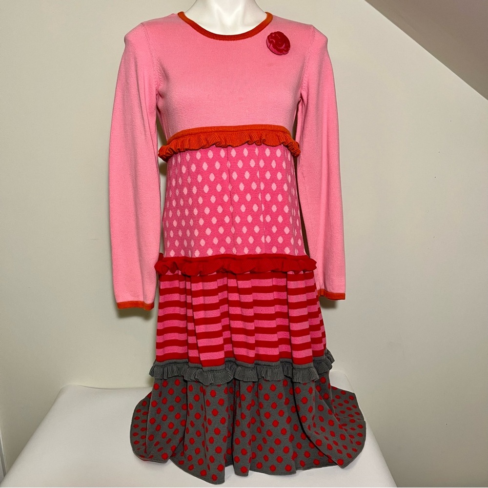 Girls Pink & Red Tiered Knit Dress